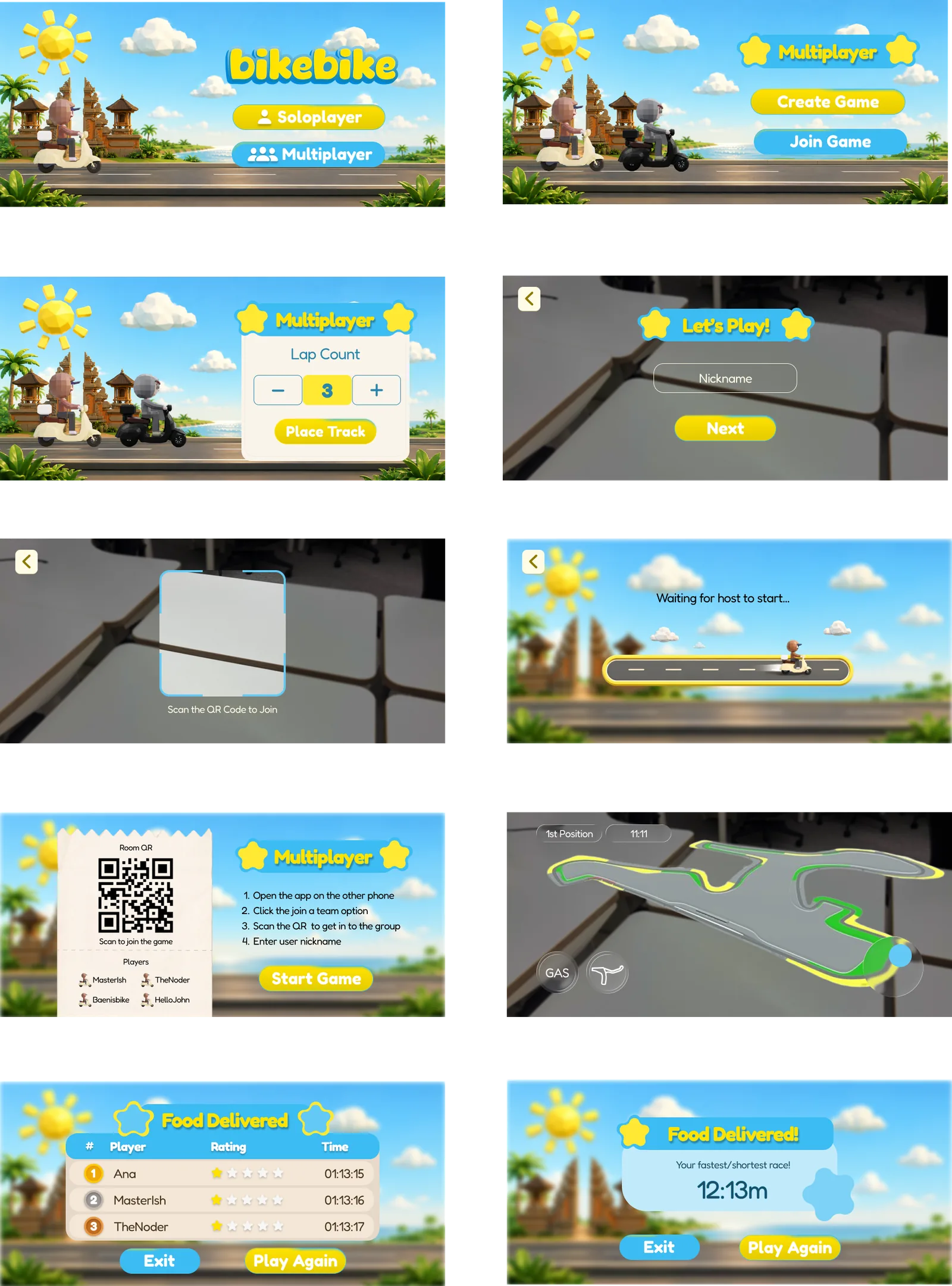 BikeBike screens: title, multiplayer lobby, lap count, QR join, the race and the results table
