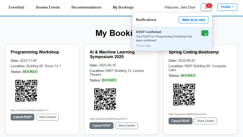 EventHub's My Bookings page with three booked events, each with a QR code, and the notification panel open on an RSVP confirmation
