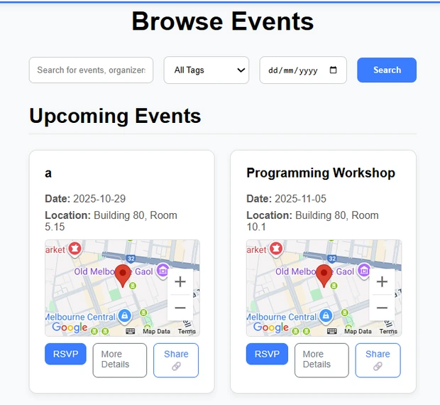 The Browse Events page: a search box, tag and date filters, and upcoming event cards with RSVP buttons