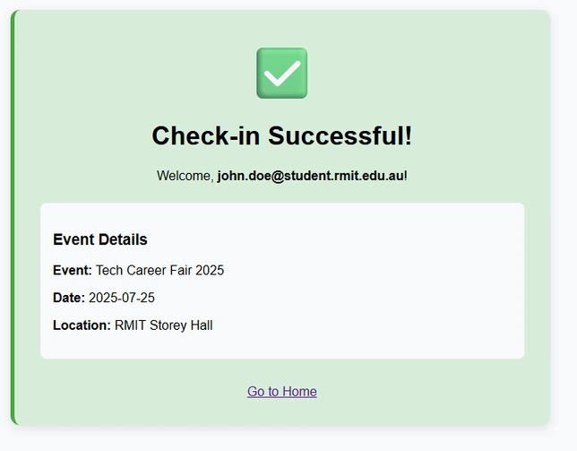 A check-in confirmation page showing the student's email and the event's name, date and location