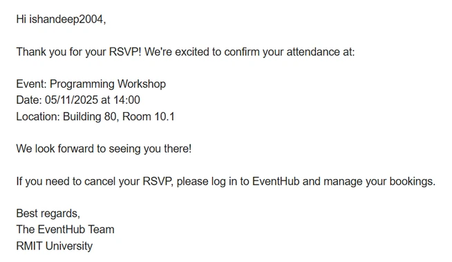 The RSVP confirmation email, with the event's name, date and location and how to cancel