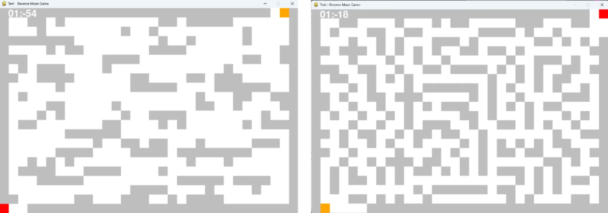 Two screens side by side: a sparse open level, and a dense maze