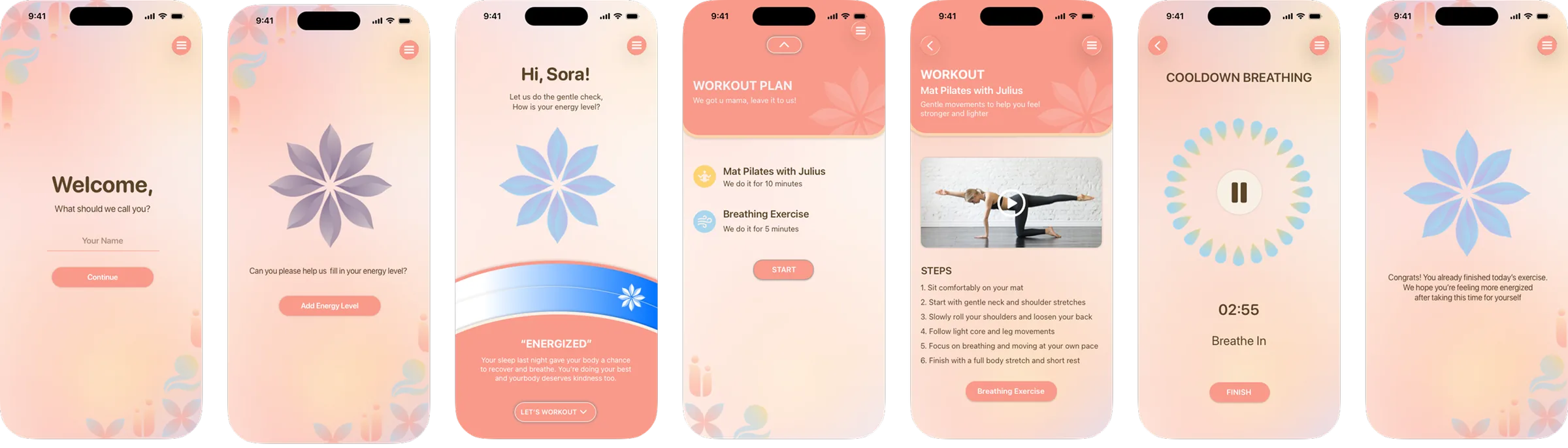 MoM screens: welcome, name entry, check-in, the workout plan, an exercise, and the cooldown timer