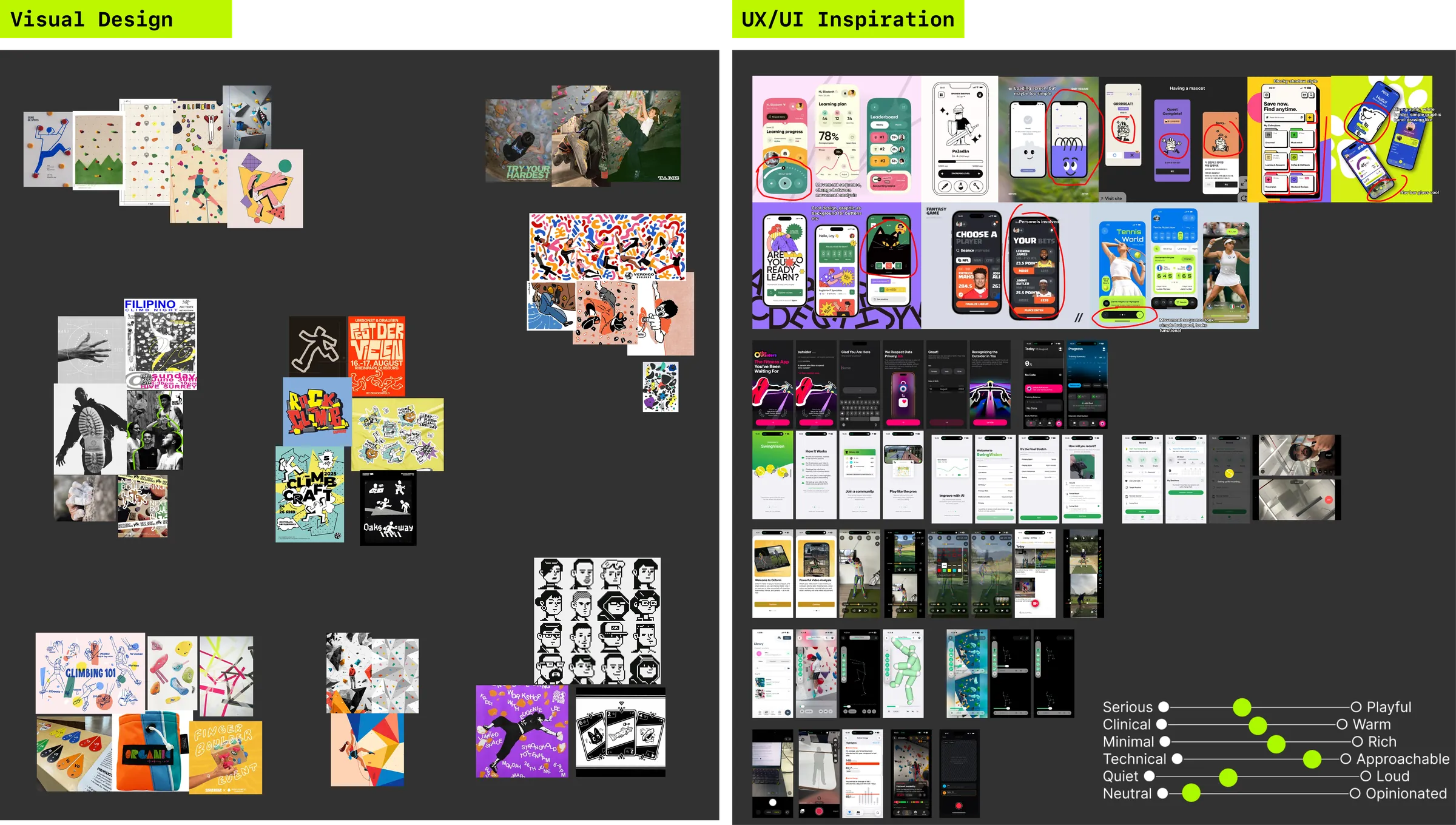 Reference board of visual, interface and interaction examples, with tone scales at the right