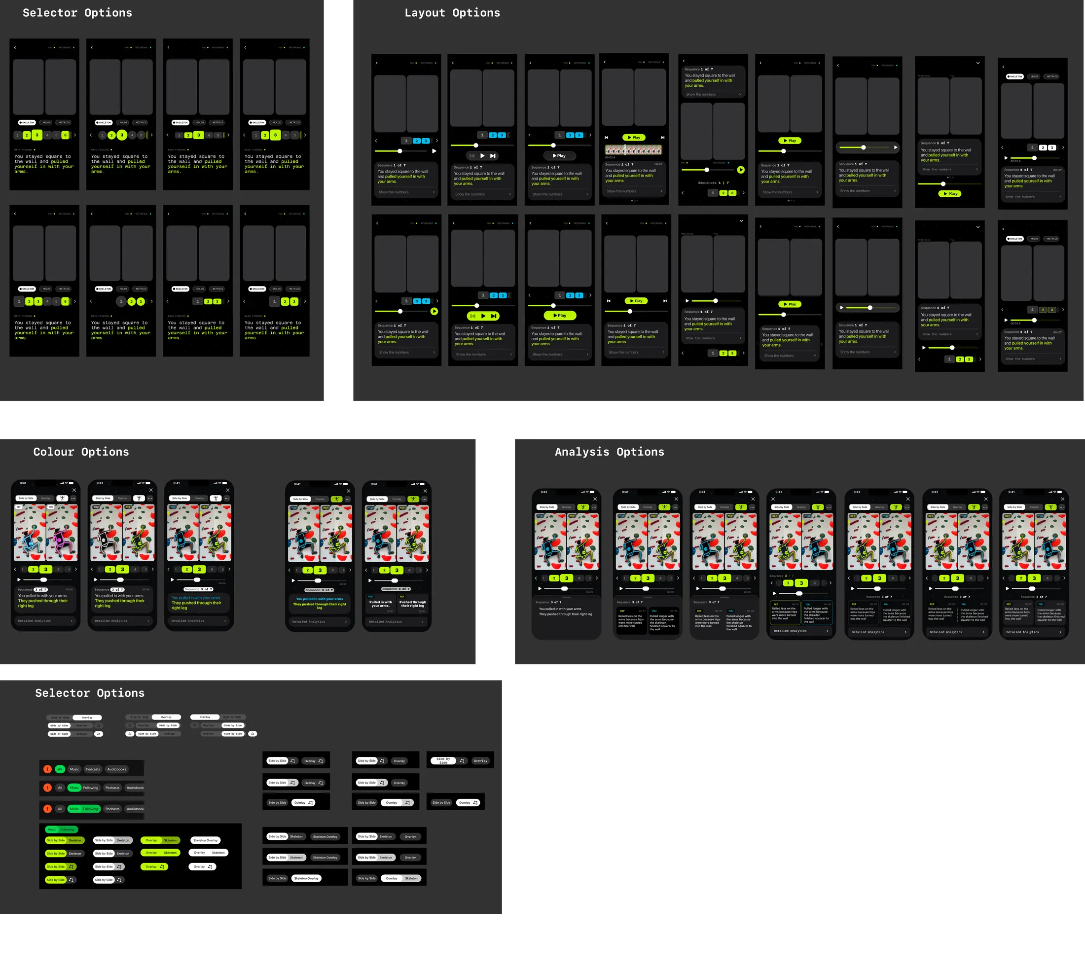 Grids of alternative selector, layout, colour and analysis designs for the comparison screen