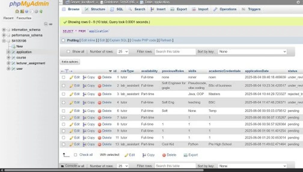 The application table in phpMyAdmin, showing role, availability, skills and status columns